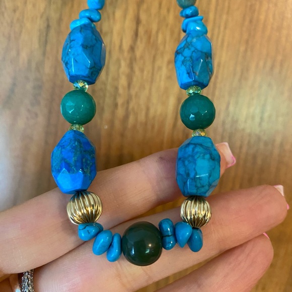 New Natural Turquoise, Pure Gold, & Jade Handmade Necklace Blue Gold Green NWT - Picture 3 of 15